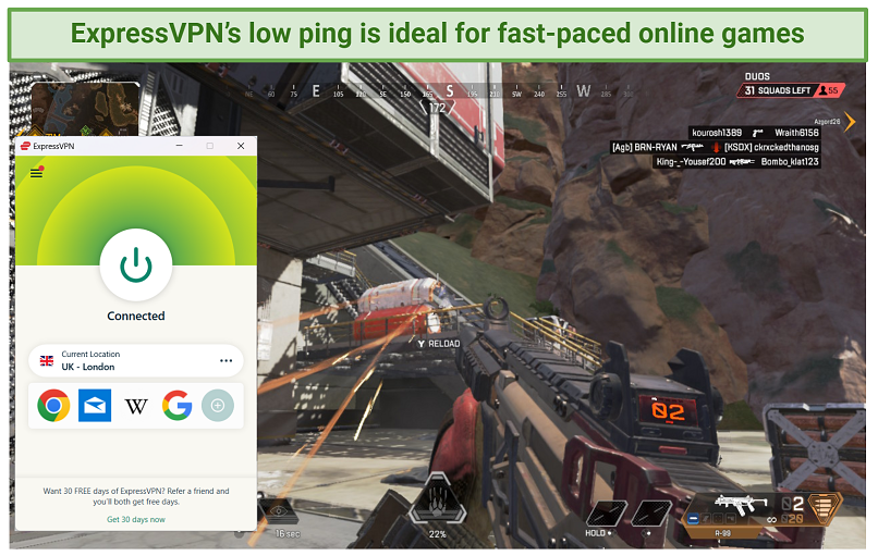 Screenshot of Apex Legends gameplay with ExpressVPN connected