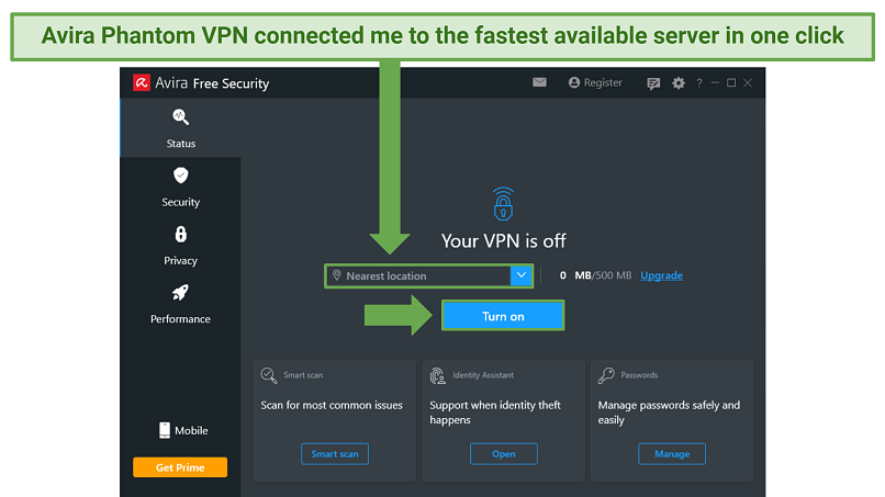 Screenshot of Avira Phantom VPN's user interface