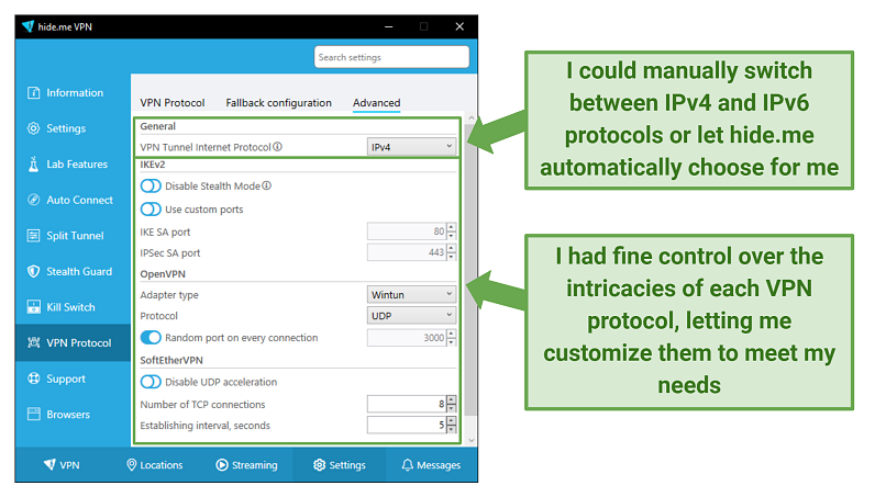 Screenshot of hideme's advanced VPN protocol settings