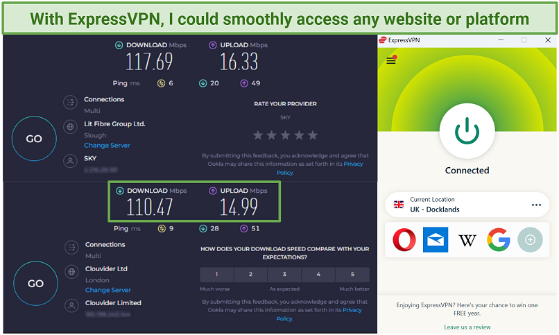 A screenshot showing speed test results without the VPN and while connected to ExperssVPN's server in London