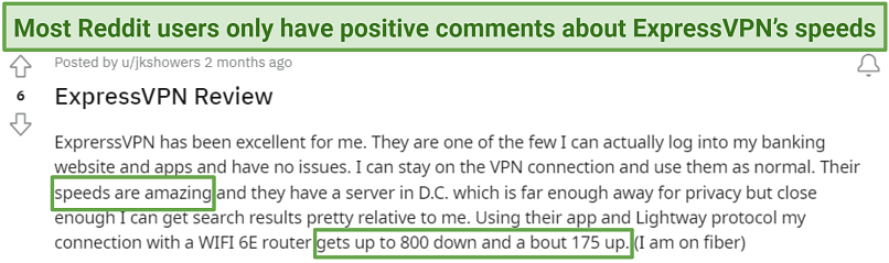 Screenshot of Reddit review praising ExpressVPN's connection speed.