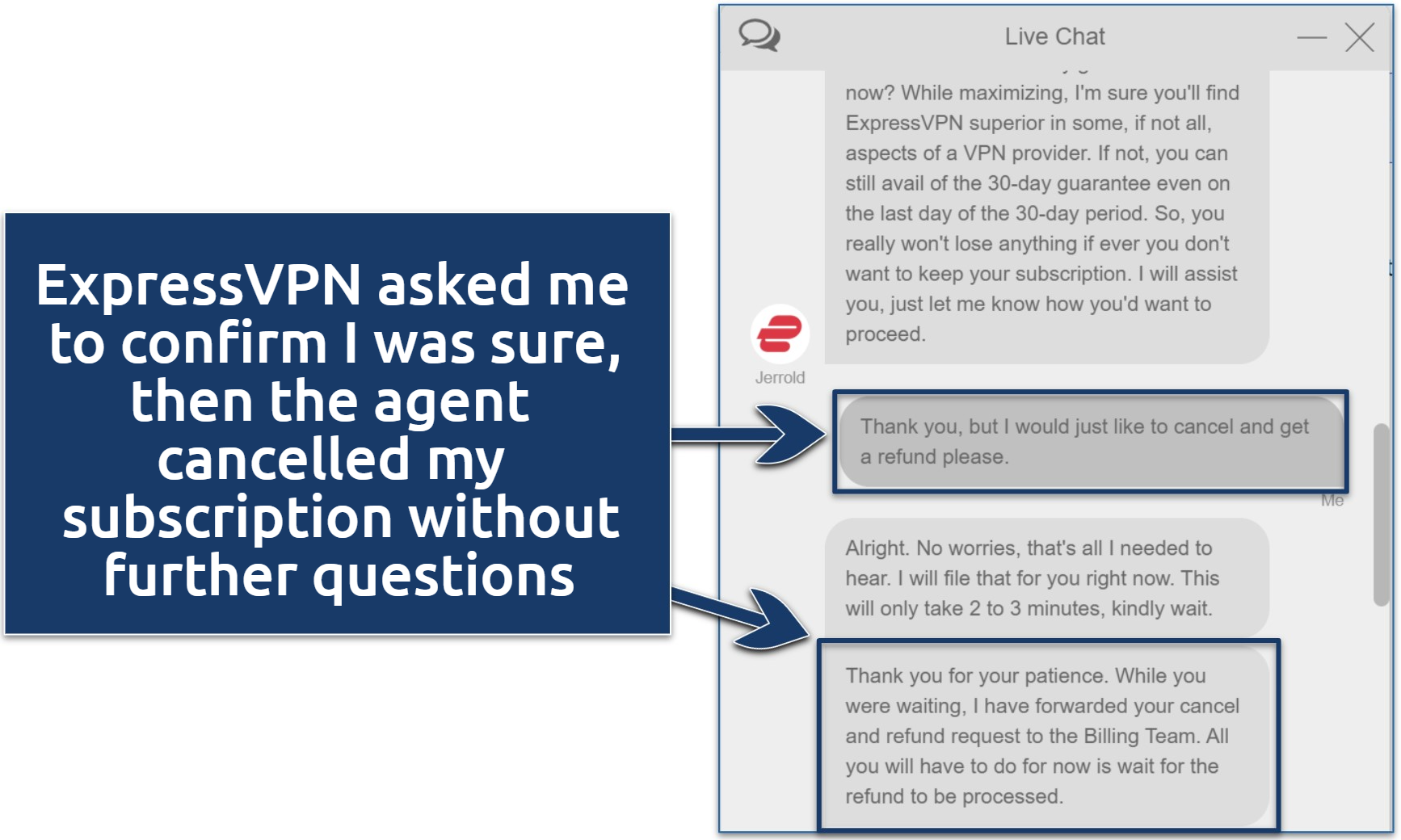 Screenshot of a conversation with an ExpressVPN customer support agent to cancel my subscription