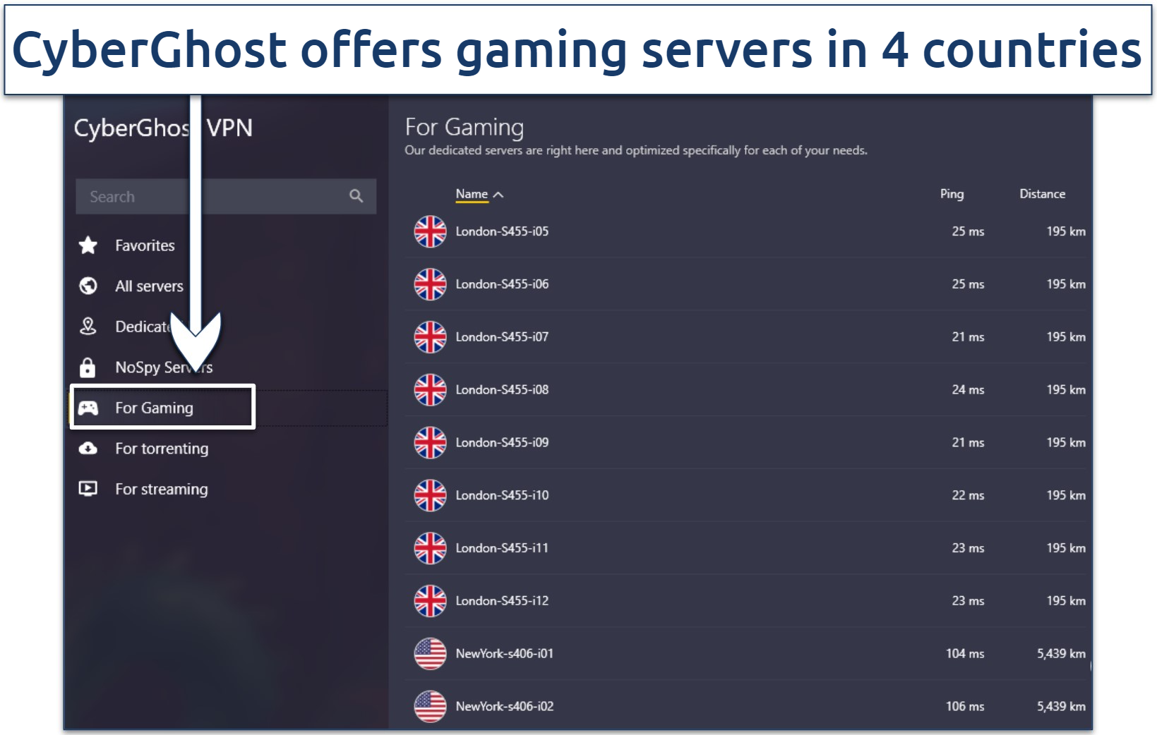 Screenshot showing a list of CyberGhost's gaming-optimized servers