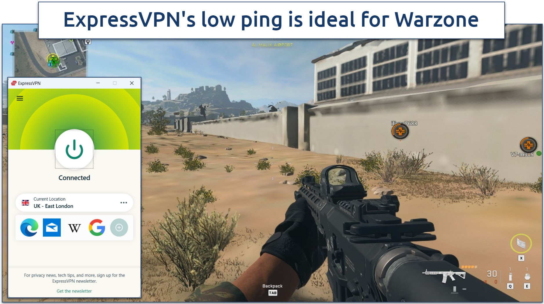 Screenshot of Warzone gameplay with ExpressVPN connected