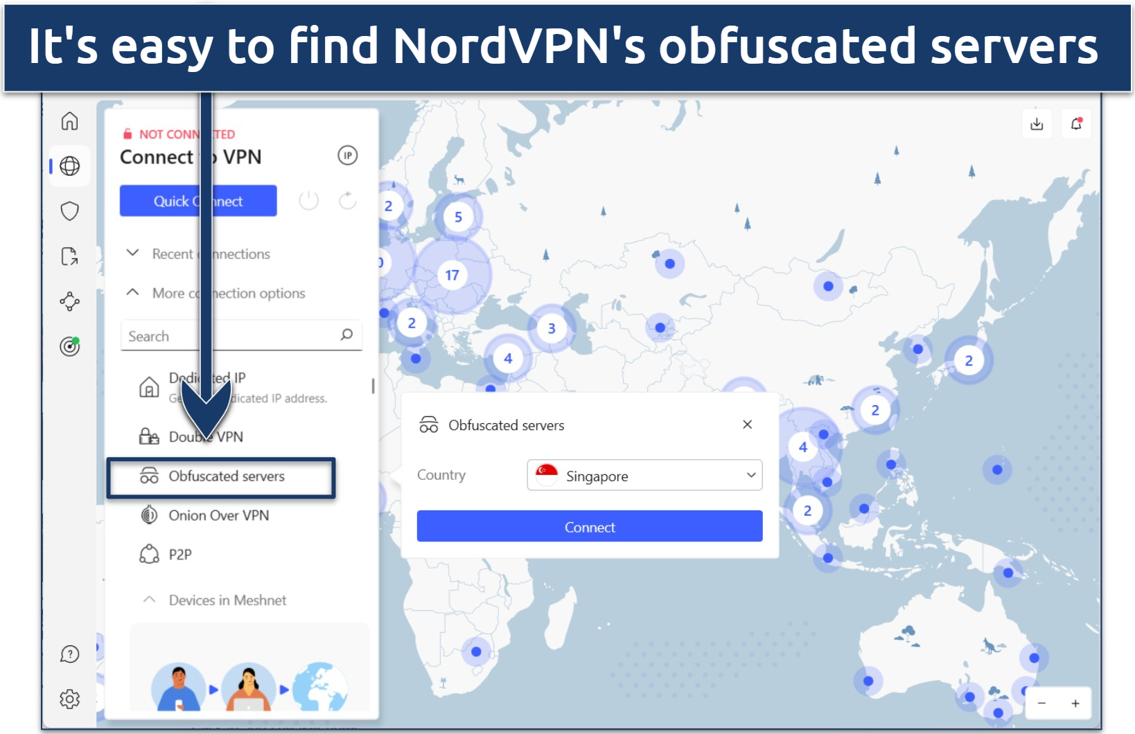 Screenshot showing how to choose NordVPN's obfuscated servers