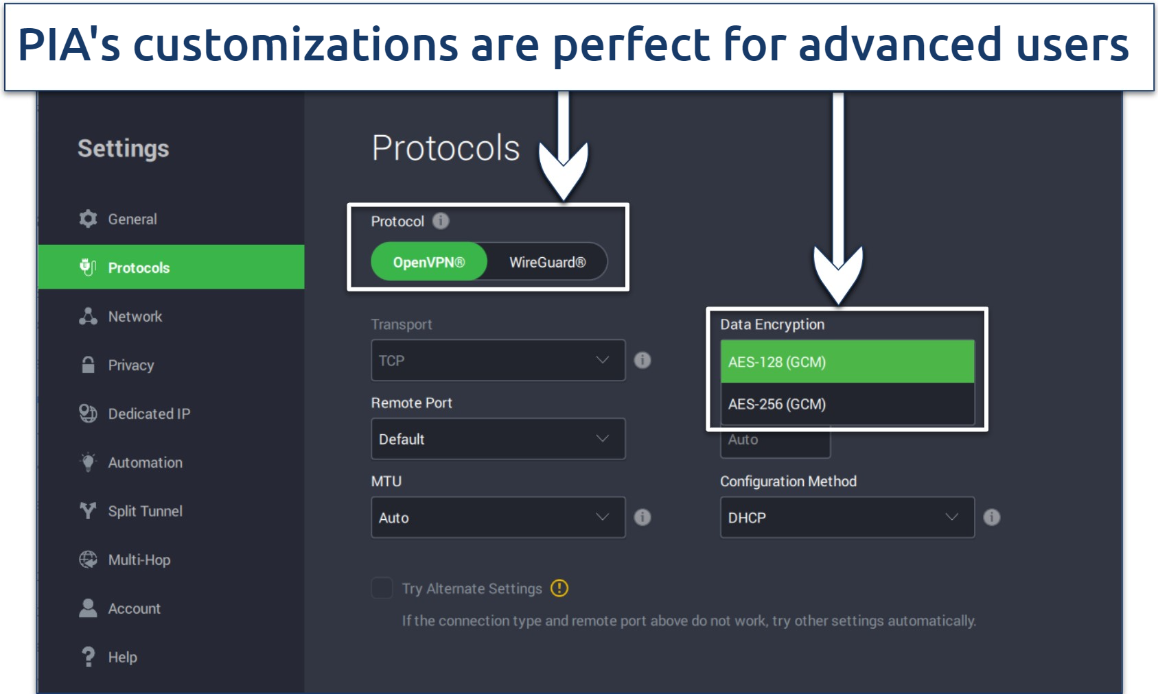 Screenshot showing how to customize your VPN connection with PIA