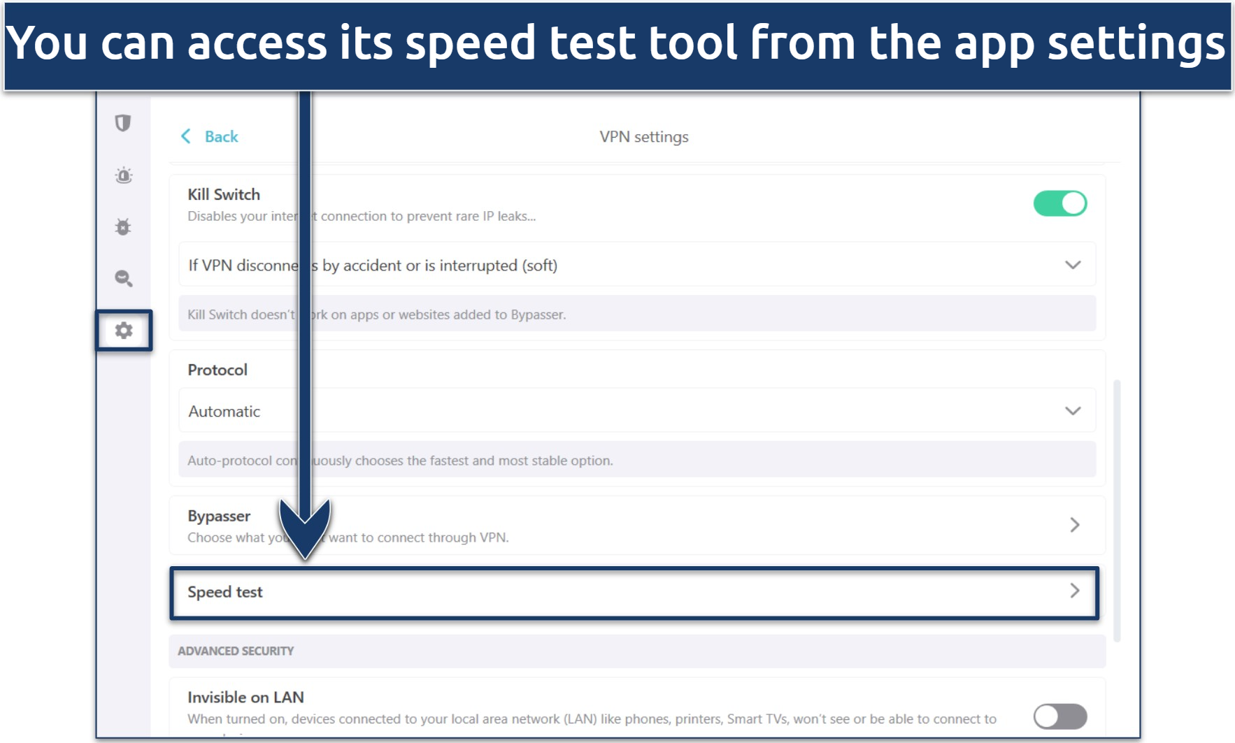 Screenshot showing how to access Surfshark's speed test tool