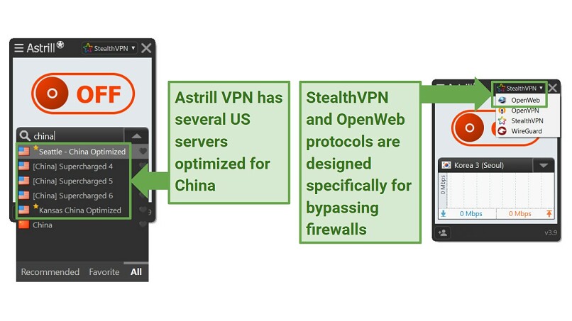 Screenshot of Astrill VPN's Windows app interface showcasing its features for bypassing the Great Firewall of China (StealthVPN, OpenWeb, and China-optimized servers)