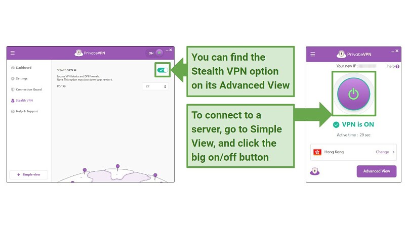 Screenshot that shows PrivateVPN Windows user interface, showcasing how simple its apps are and how to turn on Stealth VPN for watching YouTube in China.