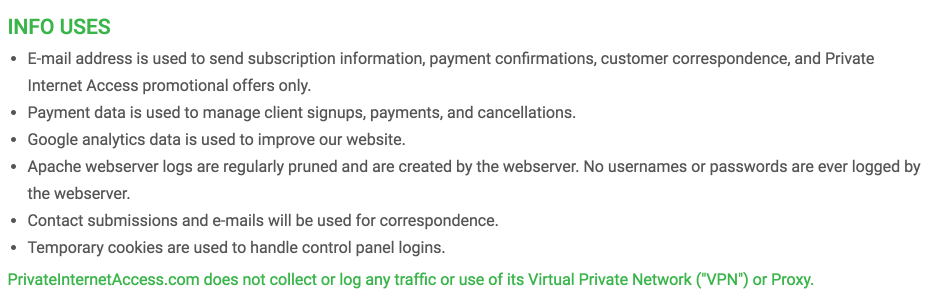 VPN Providers' Privacy Policies: PIA