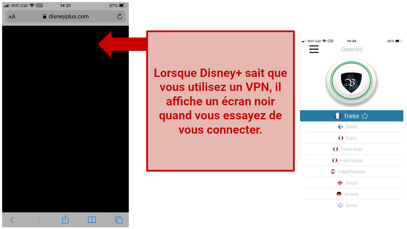 Graphic showing Disney+ blocking streaming when using Le VPN