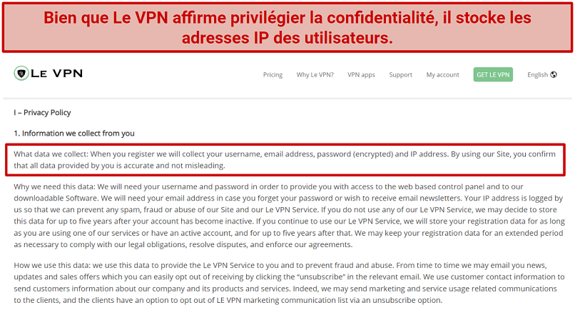 Graphic showing that Le VPN stores users' IP addresses