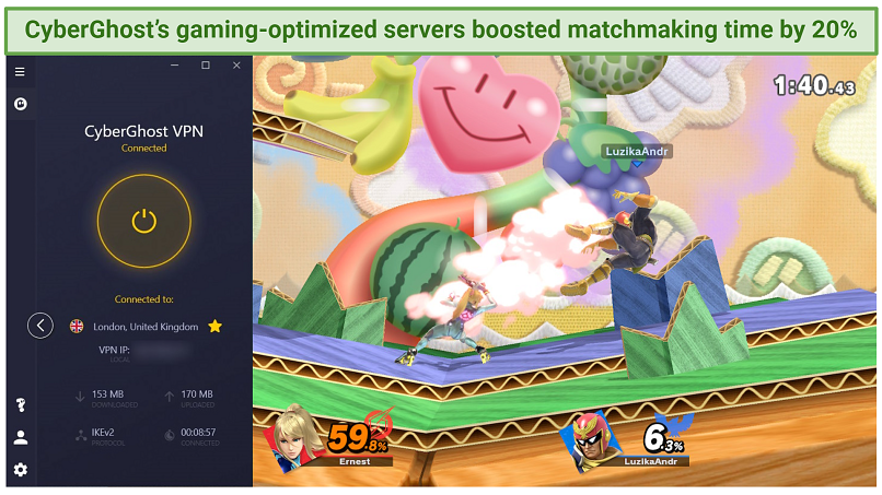 Capture d'écran de Cyberghost VPN fonctionne bien avec Super Smash Bros. Ultimate