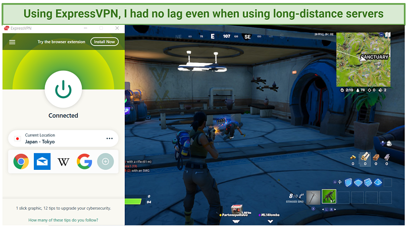 Capture d'écran d'ExpressVPN travaillant avec Fortnite Game