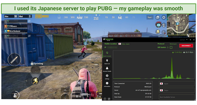 A screenshot of IPVanish working with PUBG Mobile