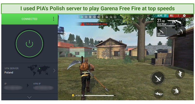 Capture d'écran de l'accès à Internet privé travaillant avec Garena Free Fire