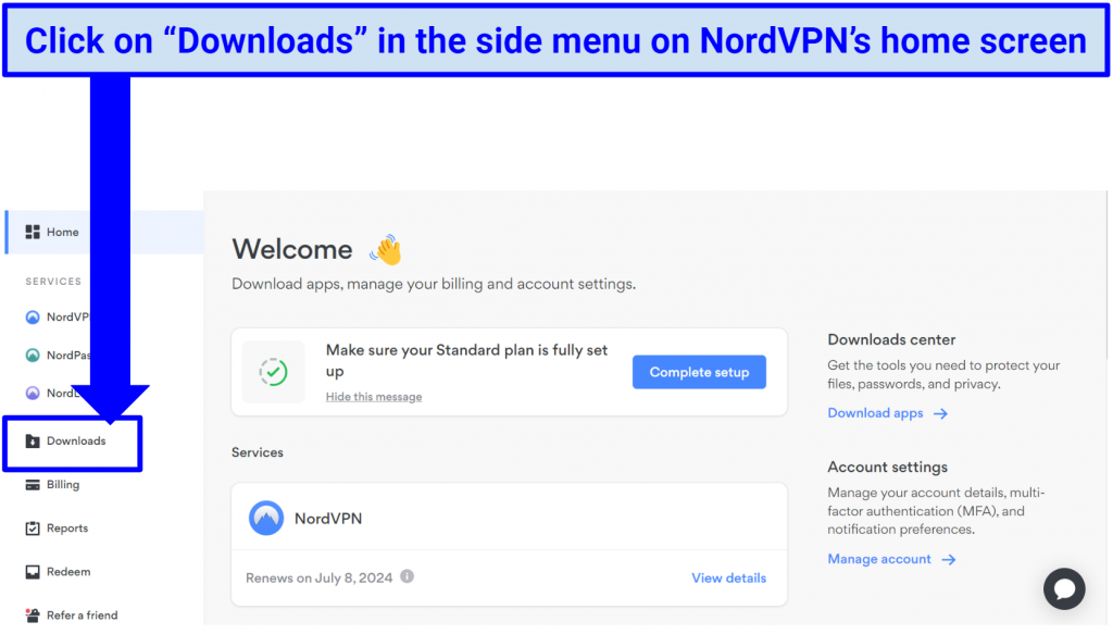 Screenshot of NordVPNs welcome page