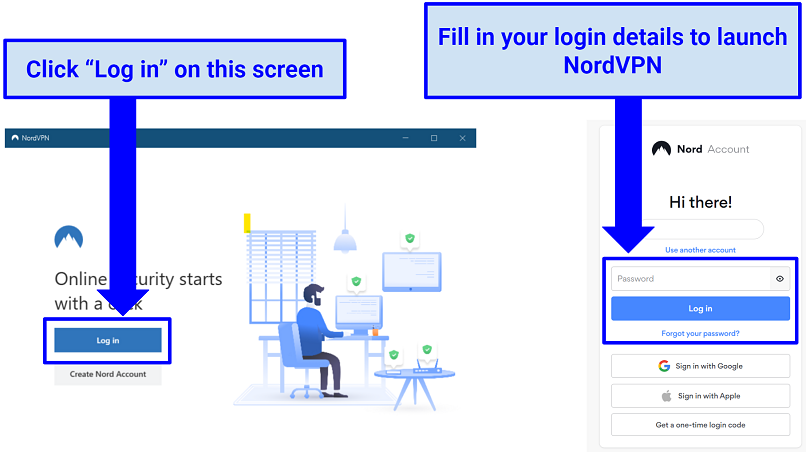 A screenshot of NordVPN's login screen on Windows