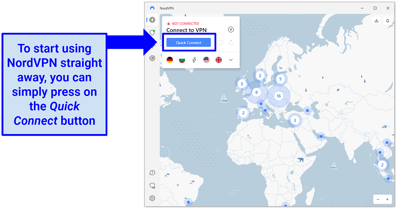 A screenshot of NordVPNs home screen on the Windows app pointing to the Quick Connect button