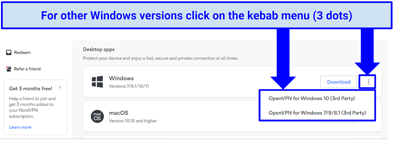 A screenshot of NordVPN's Downloads page showing the different Windows app versions it offers
