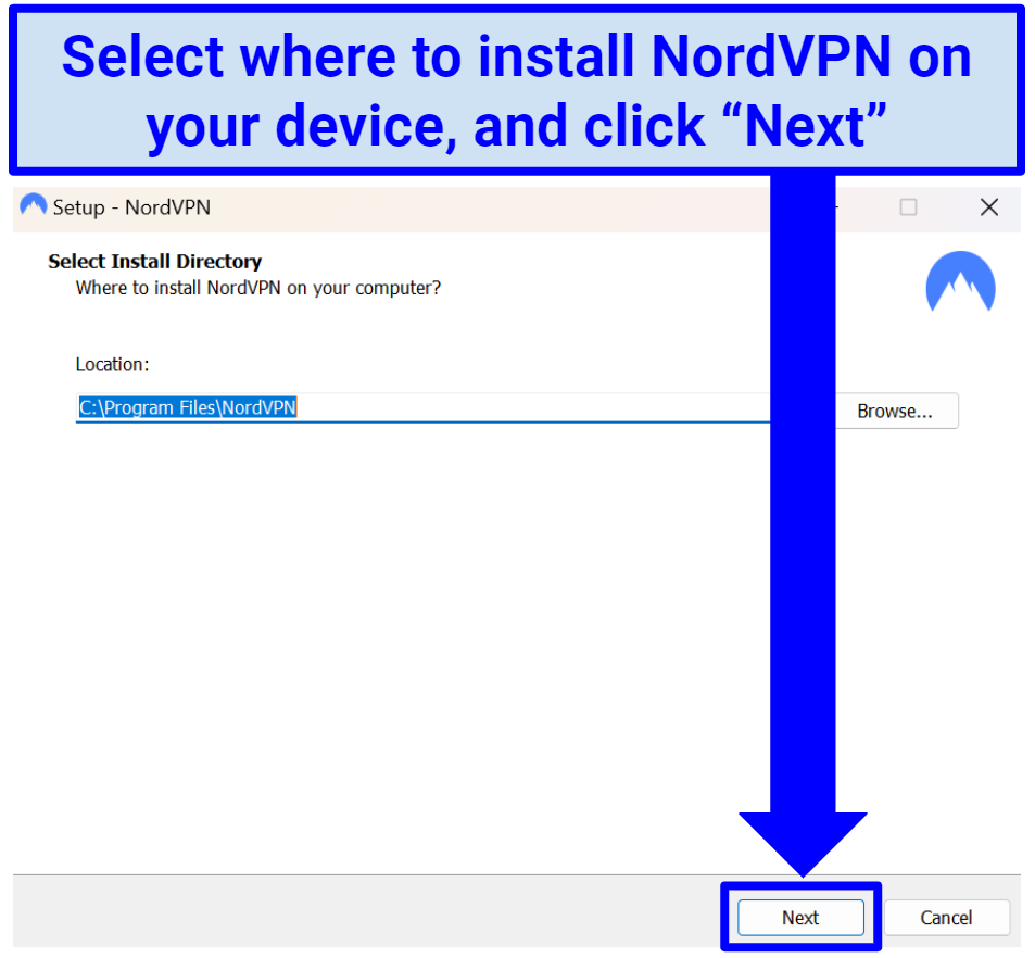 A screenshot showing a part of NordVPN's Windows setup where you need to select a location for NordVPN on your device
