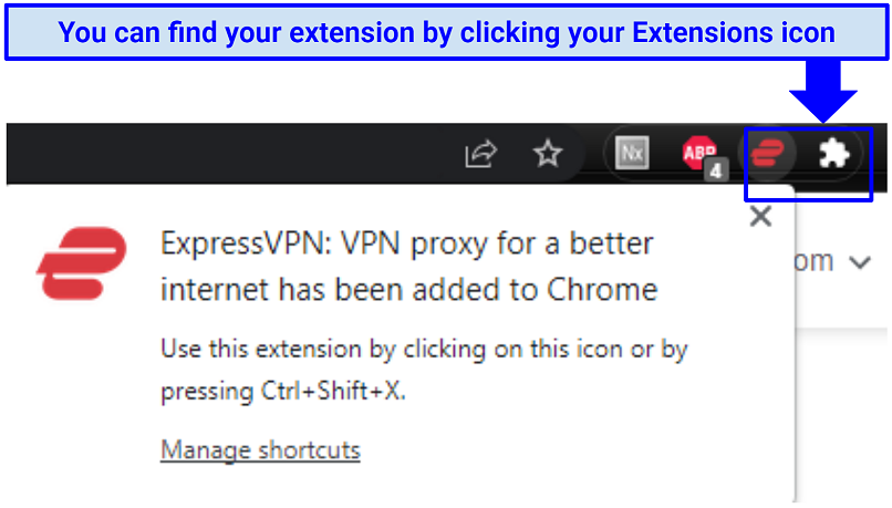 A screenshot of the location of ExpressVPN's installed browser extension