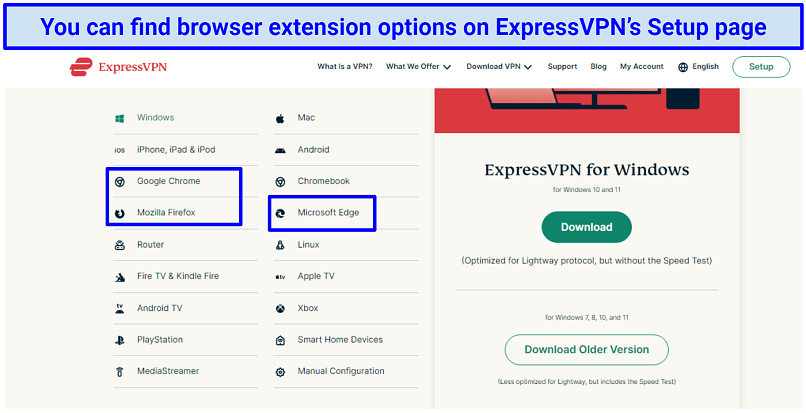 A screenshot of ExpressVPN's setup options with browser extensions highlighted