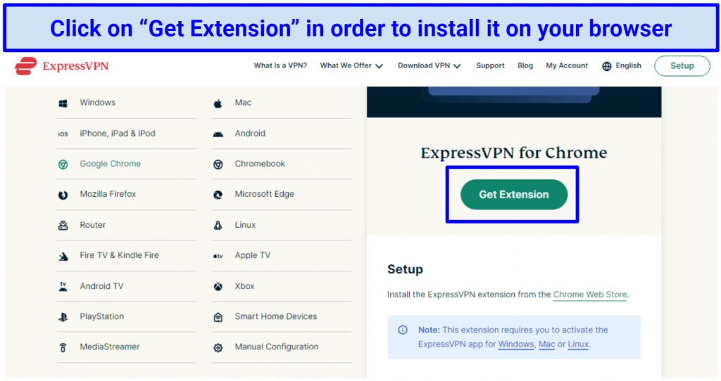 A screenshot of ExpressVPN's browser extension installation setup button