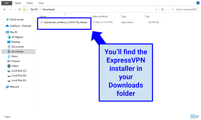 A screenshot of the download location of the ExpressVPN installer