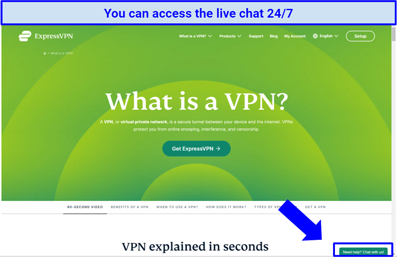 Screenshot of the ExpressVPN website highlighting the live chat button