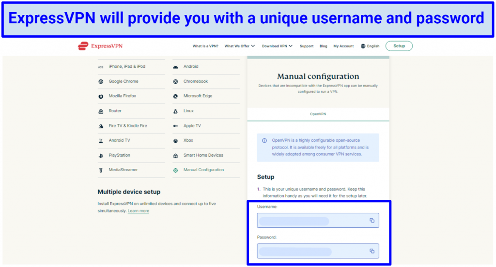 A screenshot of ExpressVPN's manual configuration process on the website