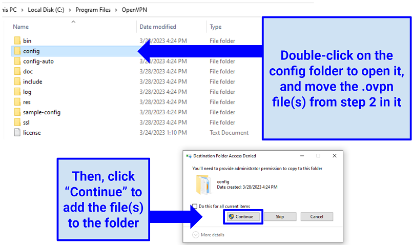 A screenshot showing where to add the.ovpn files for the manual ExpressVPN Windows installation