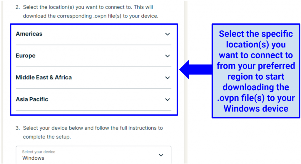 A screenshot showing the regions to select to download the OVPN files for the manual Windows configuration