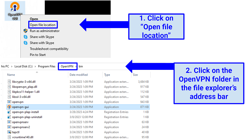 A screenshot showing how to open the OpenVPN folder to reach to the config folder