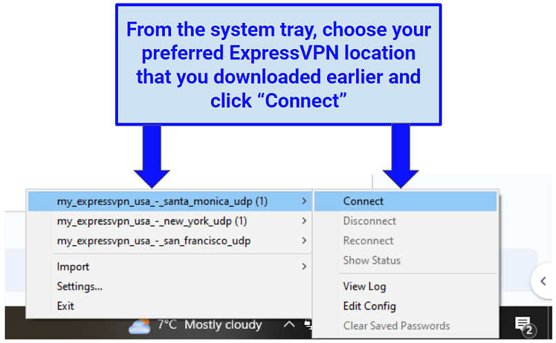 A screenshot showing the OVPN ExpressVPN server locations from the system tray and how to connect