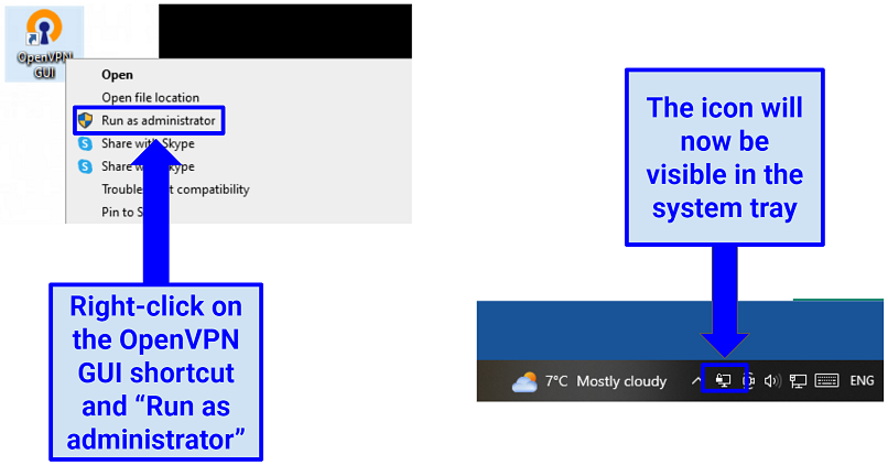 A screenshot showing how to access the OpenVPN GUI from the system tray