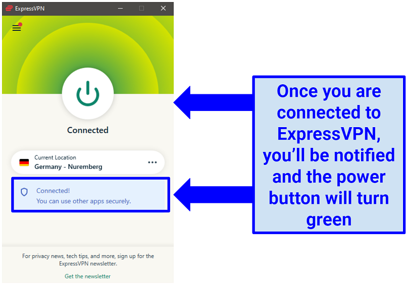 A screenshot showing that ExpressVPN is connected to Germany