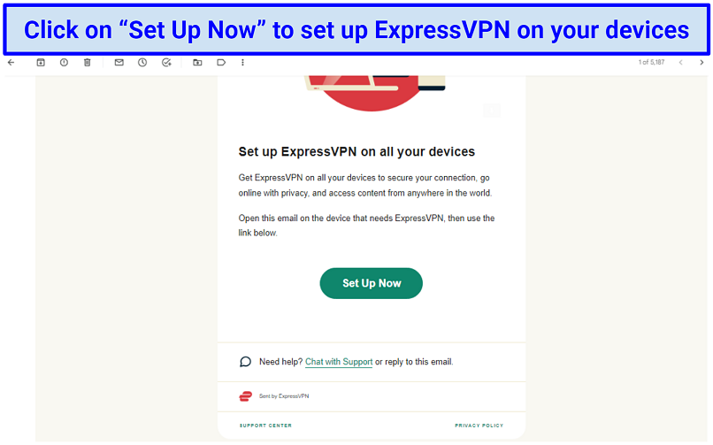A screenshot of an email from ExpressVPN showing the Set up now button