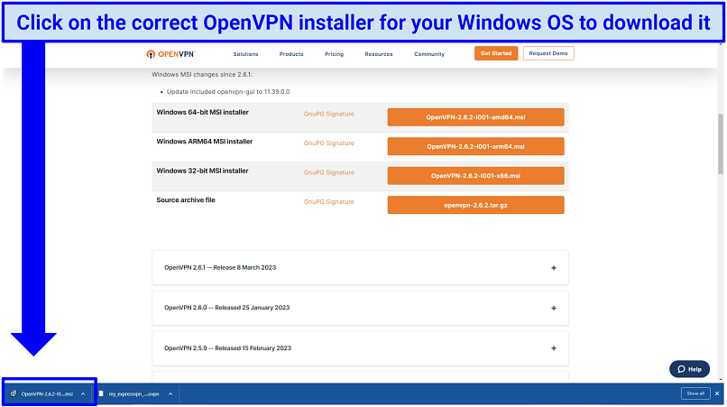 A screenshot of the OpenVPN Community Downloads page showing the available installers