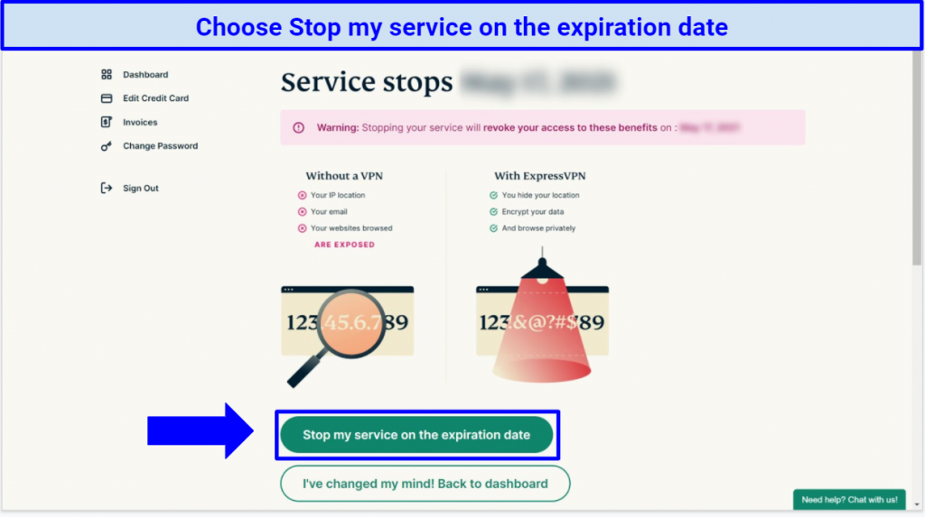 Screenshot of the final page on ExpressVPN's website you need to access to finalize cancellation