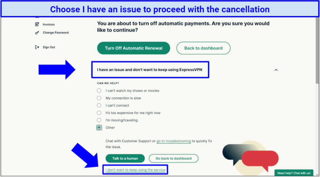 Screenshot of ExpressVPN website showing the second step in turning off automatic renewal