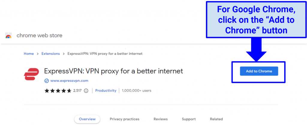 A screenshot of ExpressVPN's Chrome extension in the Chrome Web Store