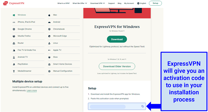 A screenshot of ExpressVPN's setup process with installation code