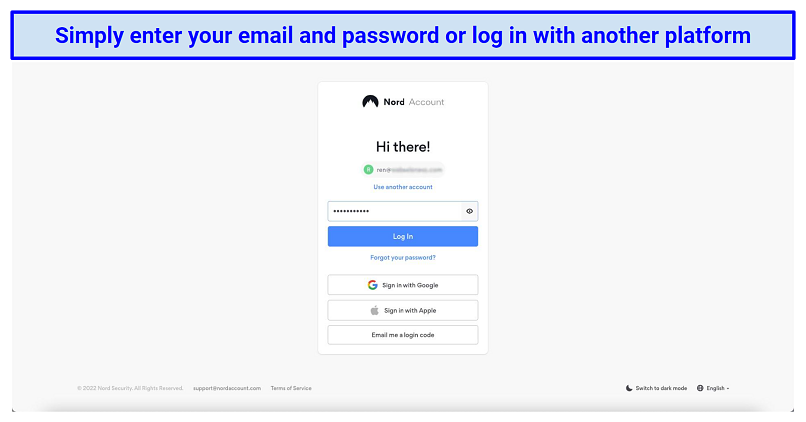 Screenshot of NordVPN's log in page