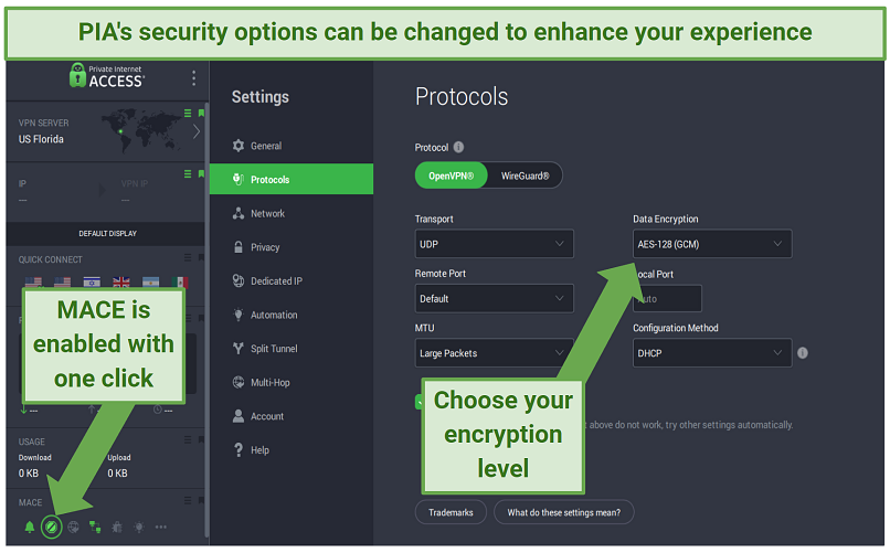 Screenshot of PIA's customizable security settings