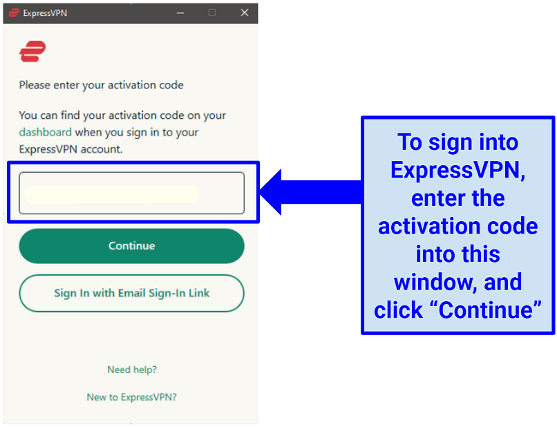 A screenshot of ExpressVPN sign-in with activation code