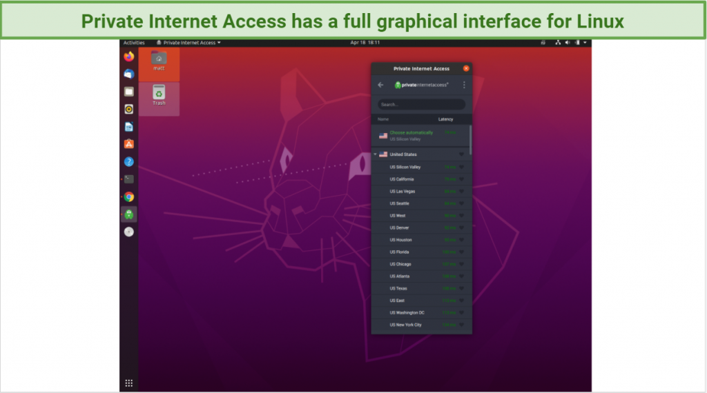 Screenshot of Private Internet Access GUI on Linux Operating System