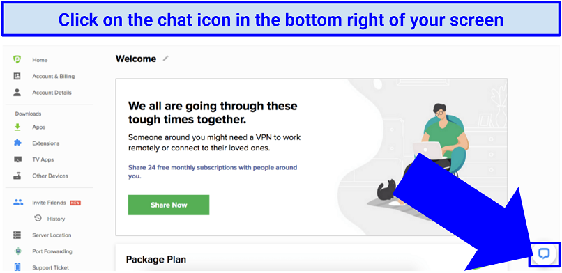 Image showing location of chat icon on PureVPN's account page