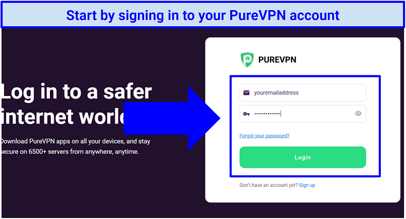 PureVPN के लिए लॉगिन स्क्रीन दिखा रहा है