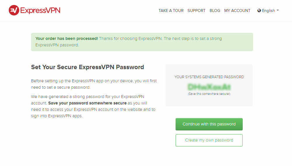 expressVPN password setup screenshot of ExpressVPN's password creation tab